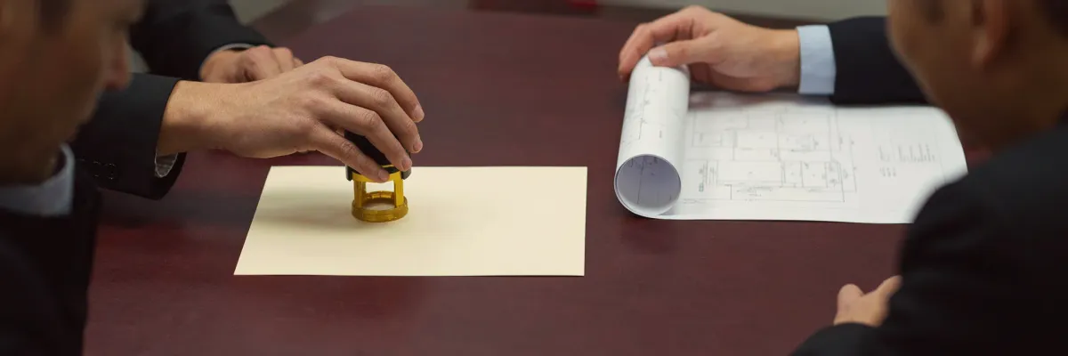 A hand pressing a certification stamp beside another hand unrolling a technical schematic on the same desk.