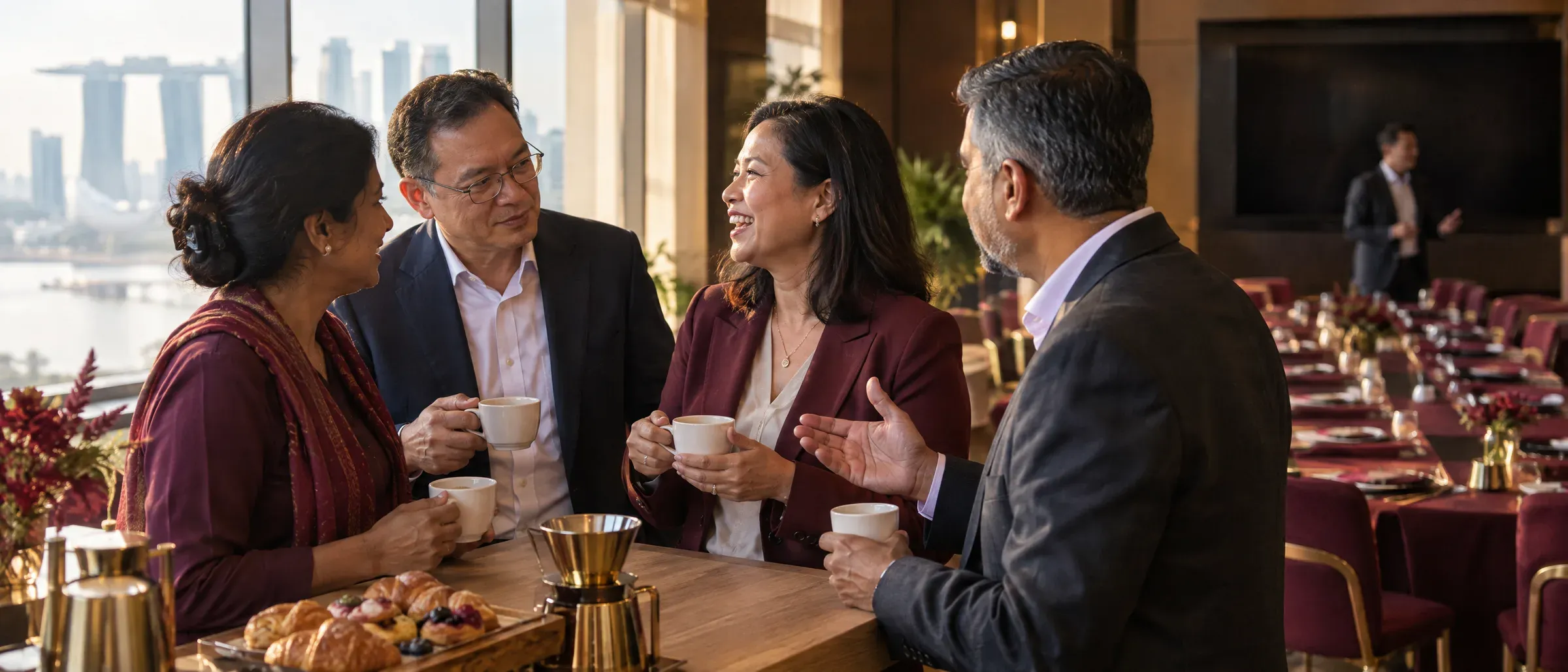 Four business leaders in conversation over coffee and pastries at a morning breakfast briefing, with the Singapore skyline through the window behind them and a presenter addressing a long table in the background.