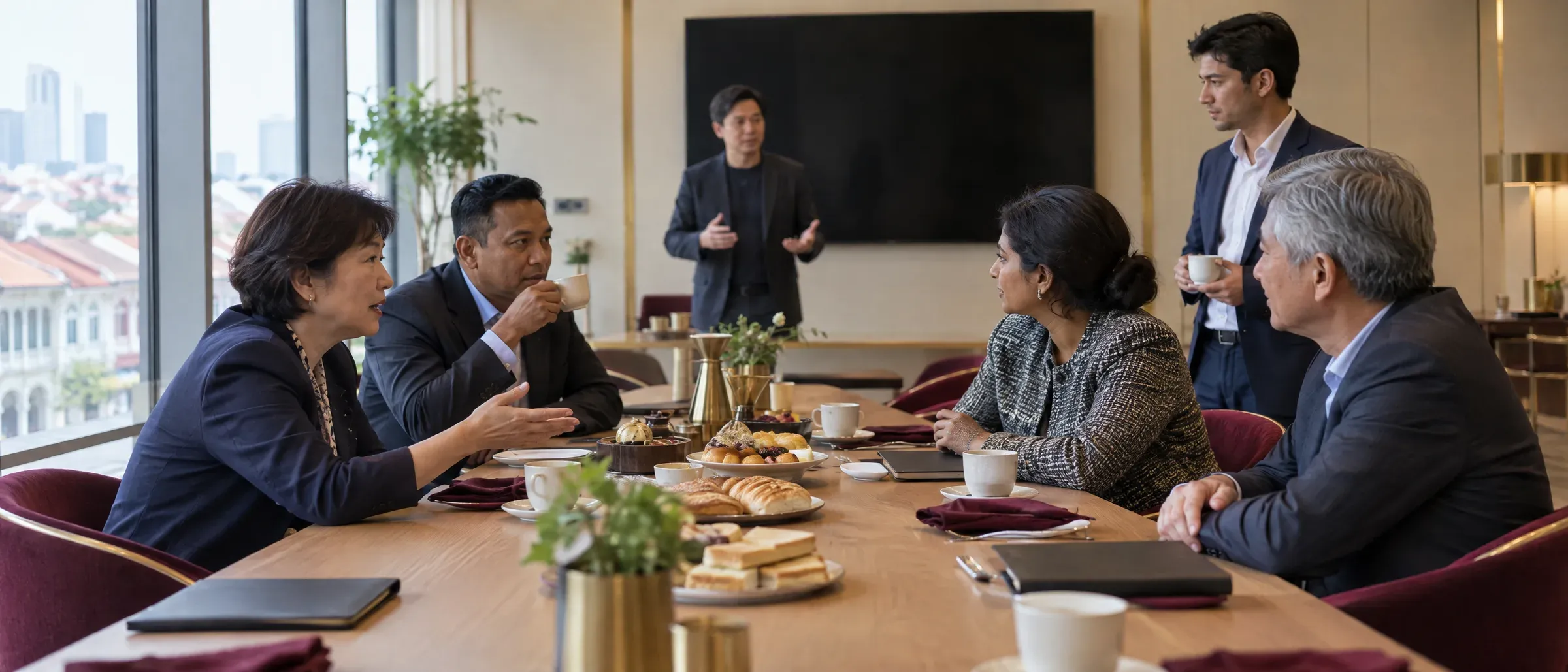 Four executives seated around a breakfast table in conversation over coffee and pastries, a fifth standing with a cup, and a presenter addressing the room from the far end in front of a switched-off screen, with Singapore shophouses and towers through the window.