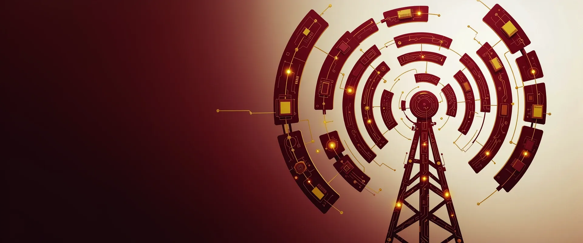 An abstract emblem of a broadcast tower radiating concentric signal arcs, rendered as exploded circuit-board panels in Praxora Lab's maroon and gold palette.