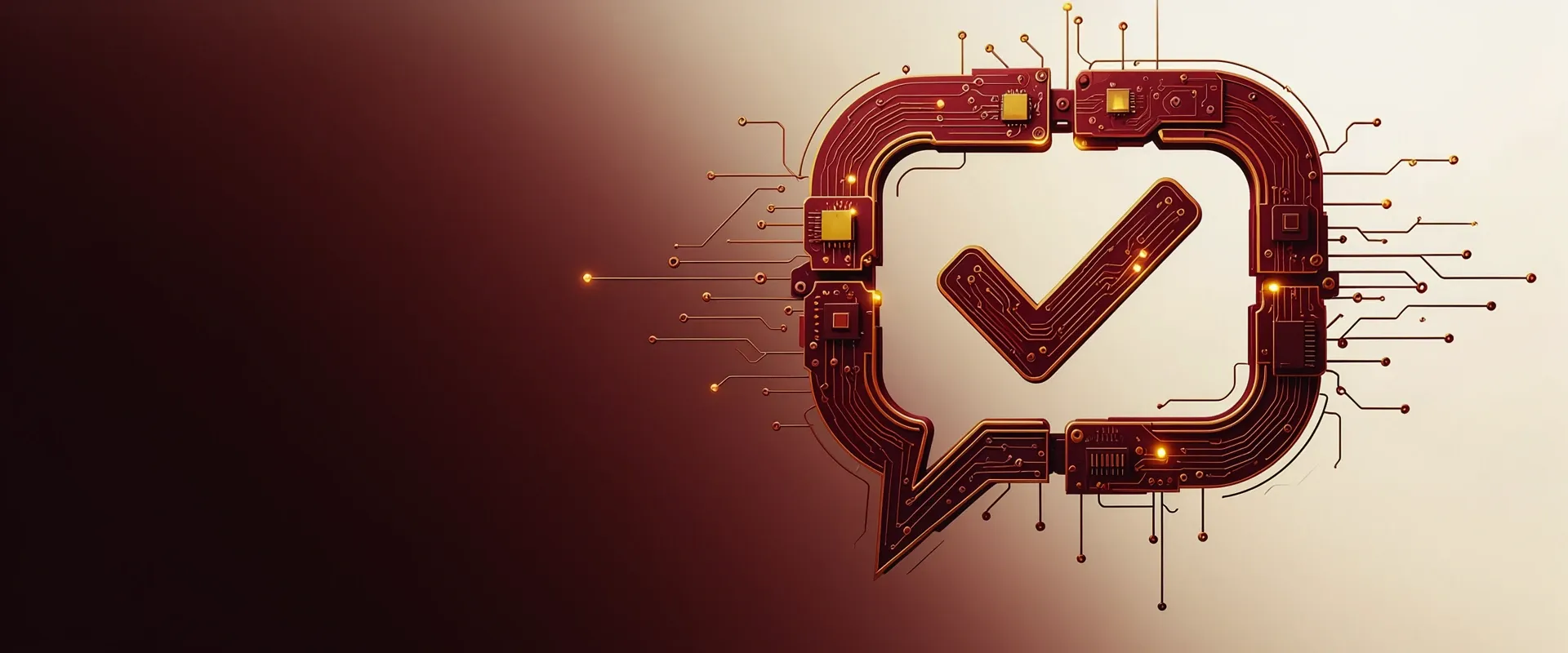 An abstract emblem of a speech bubble with a checkmark at its centre, rendered as exploded circuit-board panels in Praxora Lab's maroon and gold palette.