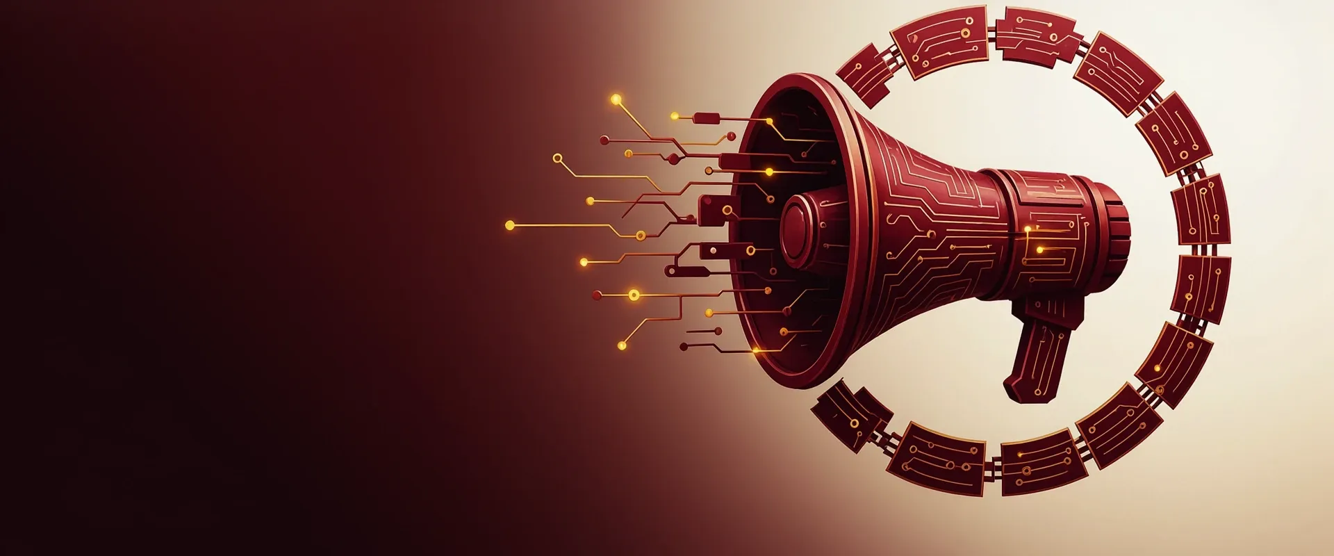 An abstract emblem of a megaphone merging into a circular brand seal, rendered as exploded circuit-board panels in Praxora Lab's maroon and gold palette.