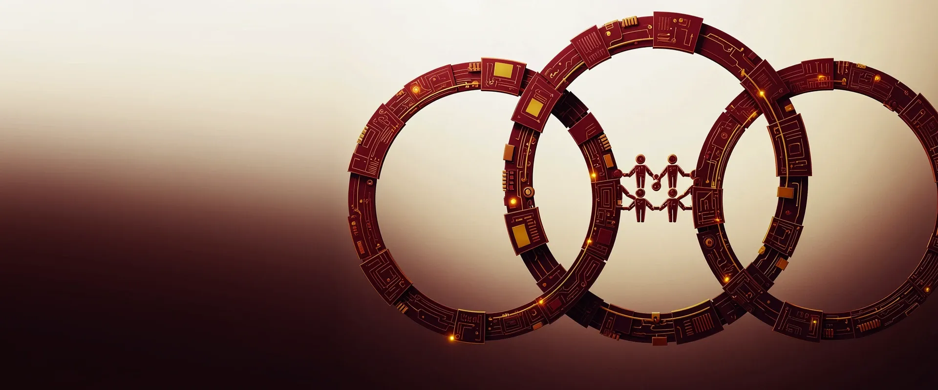 An abstract emblem of three overlapping rings enclosing a small cluster of linked human-figure nodes, rendered as exploded circuit-board panels in Praxora Lab's maroon and gold palette.