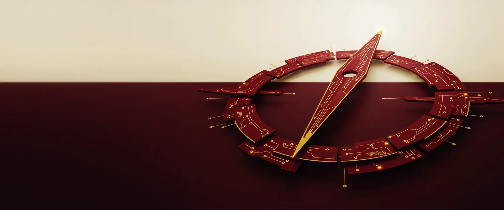 An abstract emblem of a compass needle rising toward a single bright node on the horizon, rendered as exploded circuit-board panels in Praxora Lab's maroon and gold palette.