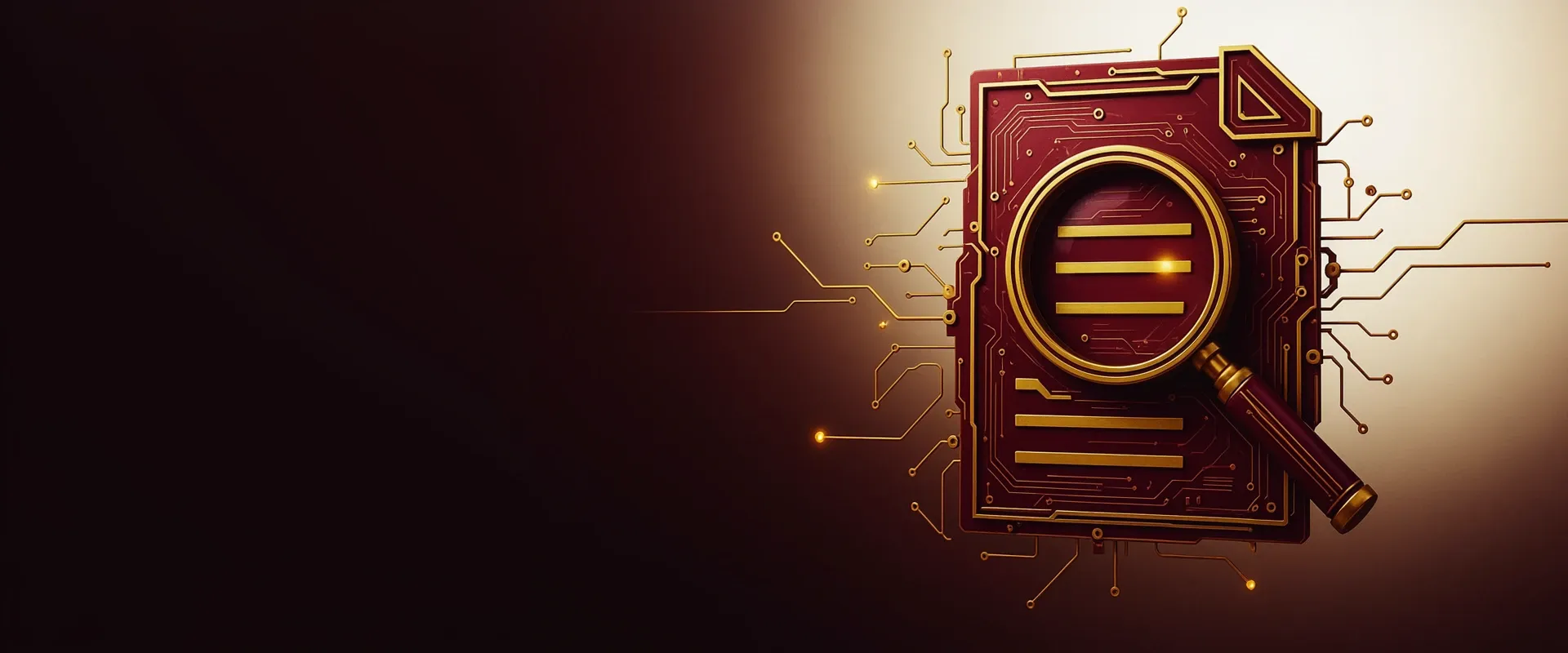 An abstract emblem of a ledger document overlaid with a magnifying glass, rendered as exploded circuit-board panels in Praxora Lab's maroon and gold palette.