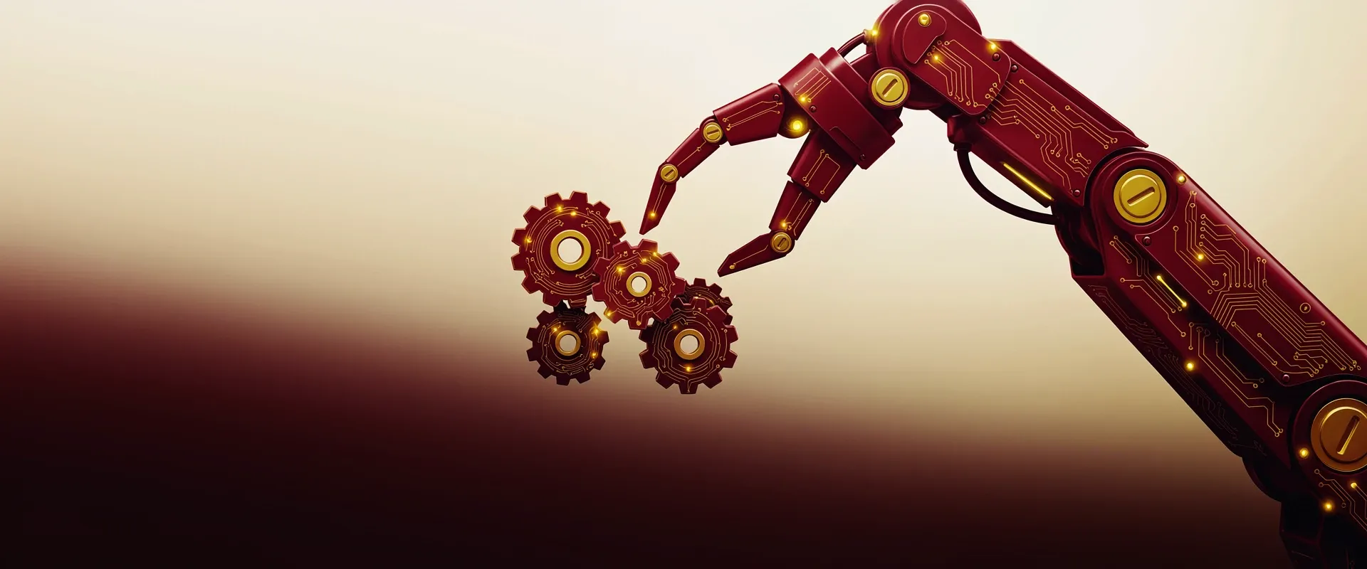 An abstract emblem of a robotic arm reaching toward a small gear cluster, rendered as exploded circuit-board panels in Praxora Lab's maroon and gold palette.