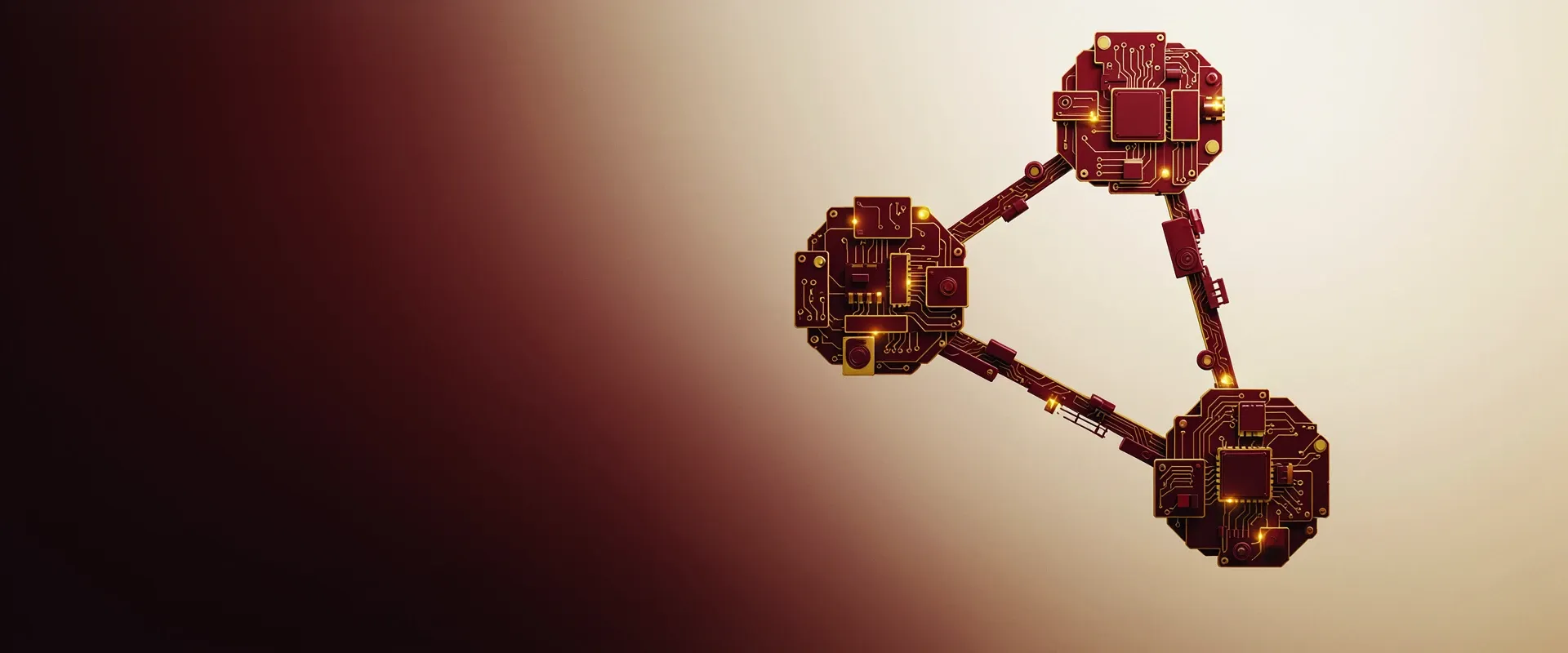 An abstract emblem of three interlinked network nodes forming a small circuit constellation, rendered as exploded circuit-board panels in Praxora Lab's maroon and gold palette.
