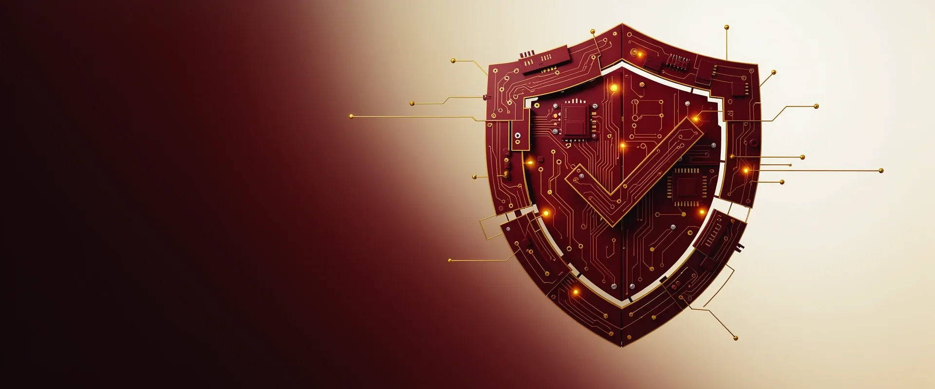 An abstract emblem of a heraldic shield with a checkmark at its centre, rendered as exploded circuit-board panels in Praxora Lab's maroon and gold palette.