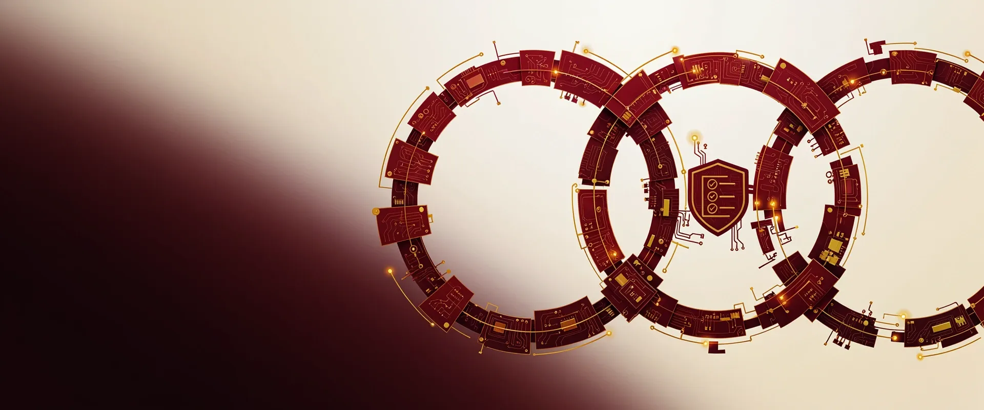An abstract emblem of three overlapping rings enclosing a small shield-and-checklist motif, rendered as exploded circuit-board panels in Praxora Lab's maroon and gold palette.