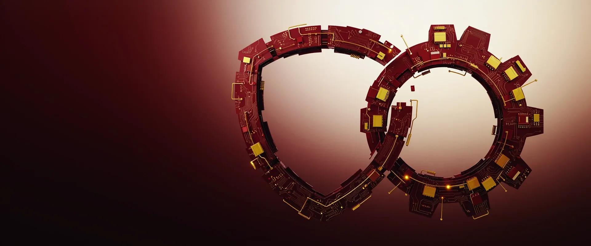An abstract emblem of two overlapping rings, one reading as a shield and the other as a gear, rendered as exploded circuit-board panels in Praxora Lab's maroon and gold palette.