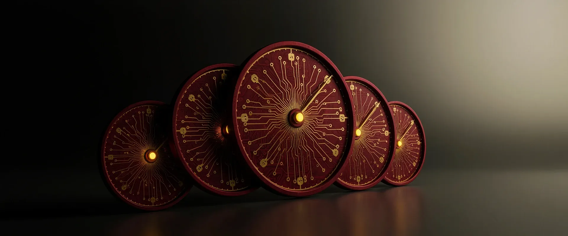 An abstract emblem of five overlapping circular gauge dials arranged in an arc like a diagnostic dashboard, rendered as exploded circuit-board panels in Praxora Lab's maroon and gold palette.