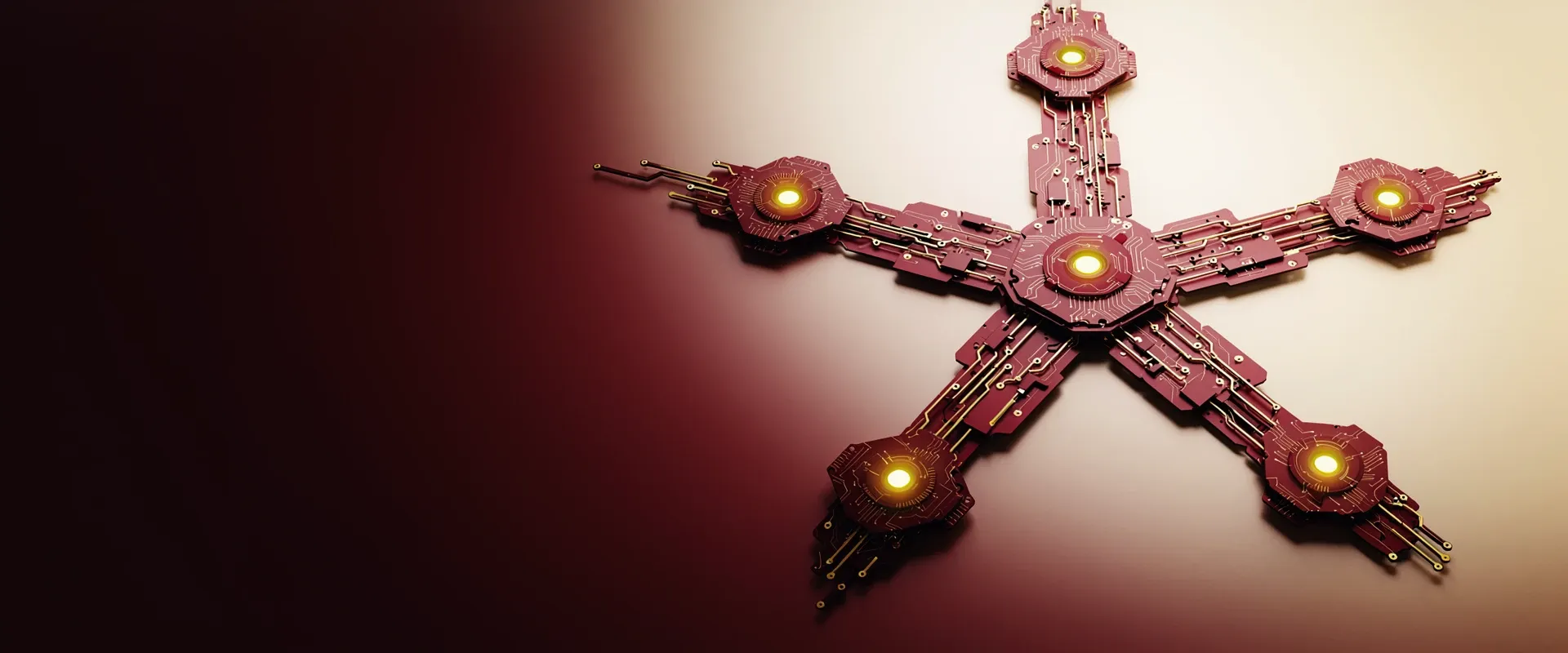 An abstract emblem of a five-pointed radiating node network, rendered as exploded circuit-board panels in Praxora Lab's maroon and gold palette.