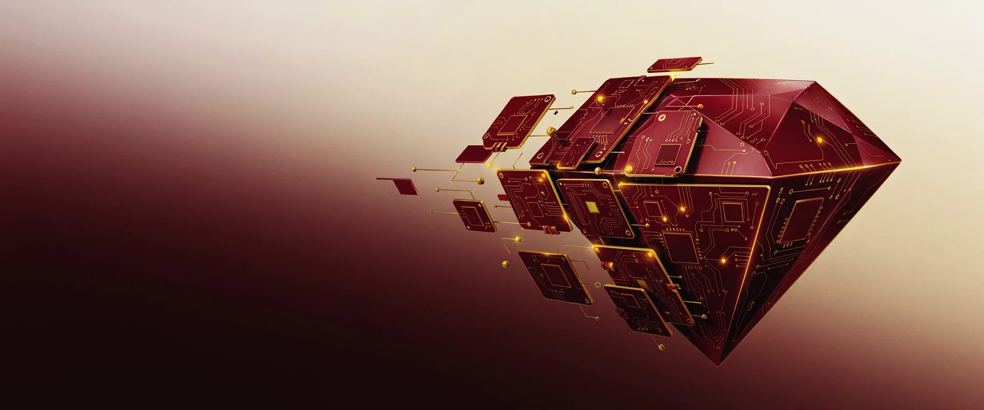 An abstract emblem of a certification seal merging into a faceted gem, rendered as exploded circuit-board panels in Praxora Lab's maroon and gold palette.