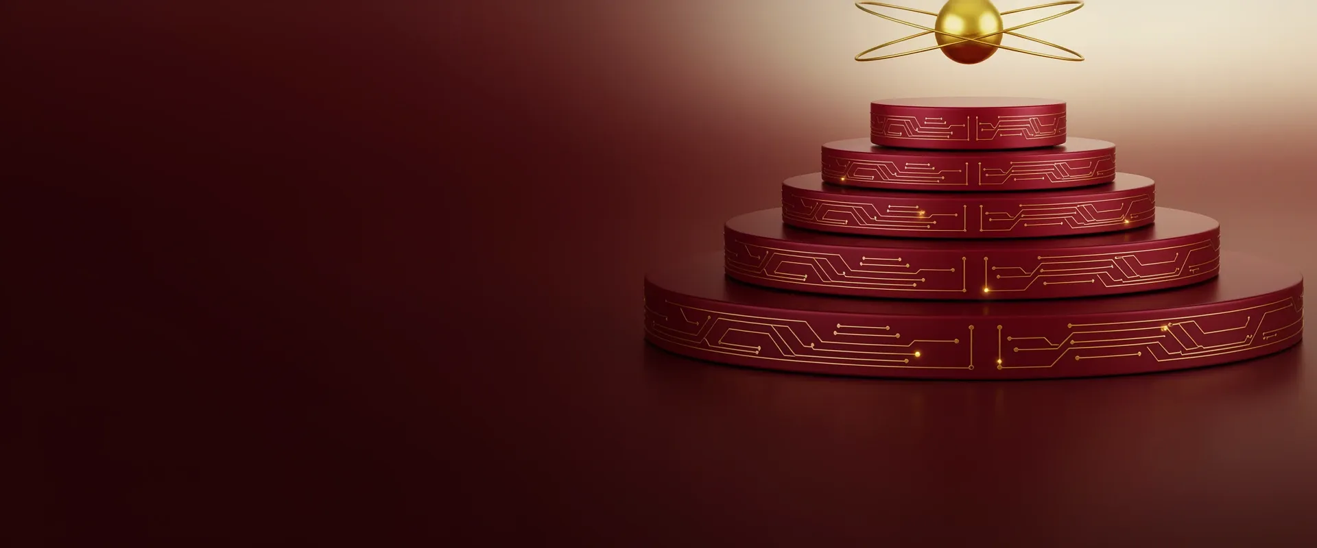 An abstract emblem of an ascending stack of circuit-etched pedestal discs rising toward a small radiating orb, rendered as exploded circuit-board panels in Praxora Lab's maroon and gold palette.