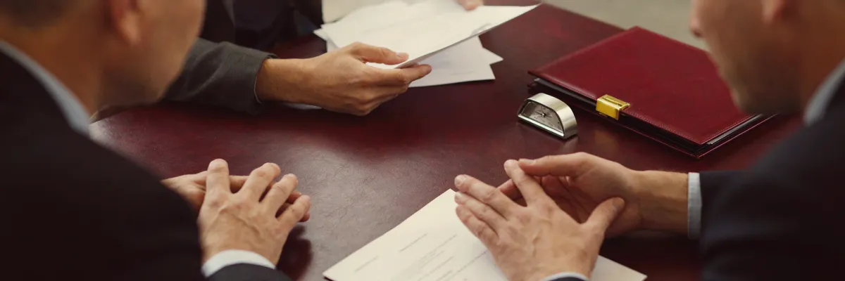 Two colleagues at a boardroom table beside a closed leather folder and a modern desk clock.