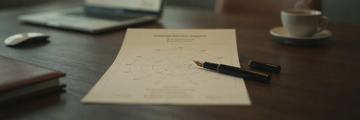 A printed five-axis adoption readiness diagnostic with a scored radar chart, a fountain pen resting across it on a conference table.