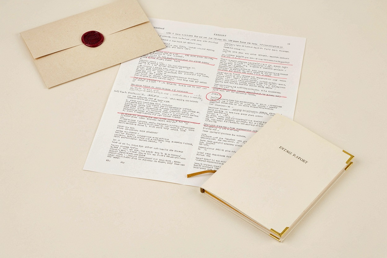 A sealed intake folder, an annotated exhibit sheet and a bound outcome report, the three artefacts a problem passes through.