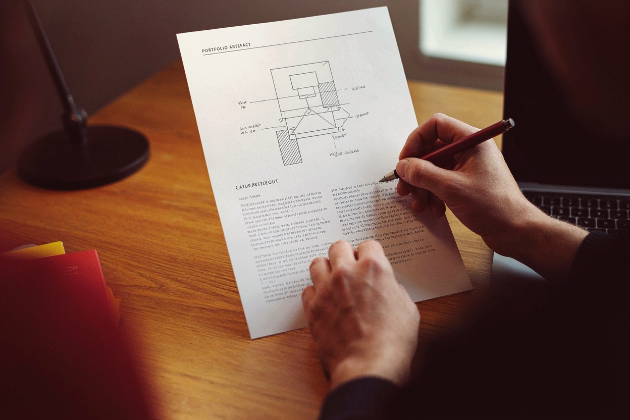 A close-up of hands annotating a printed portfolio artefact document beside an open laptop.