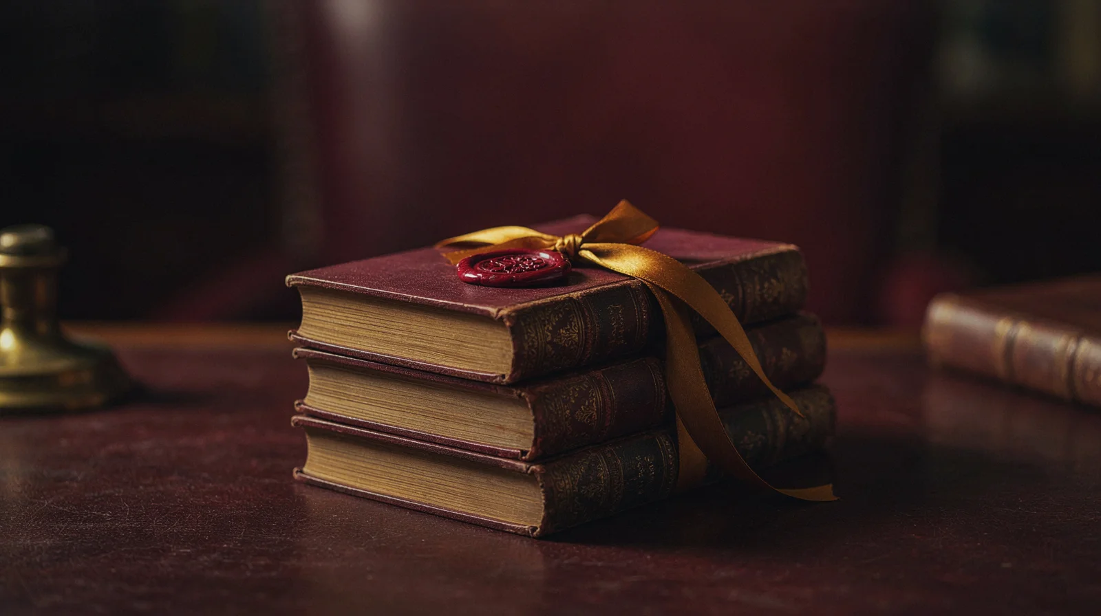 A small stack of hardcover books tied with a gold ribbon, a wax-seal bookplate resting on top.