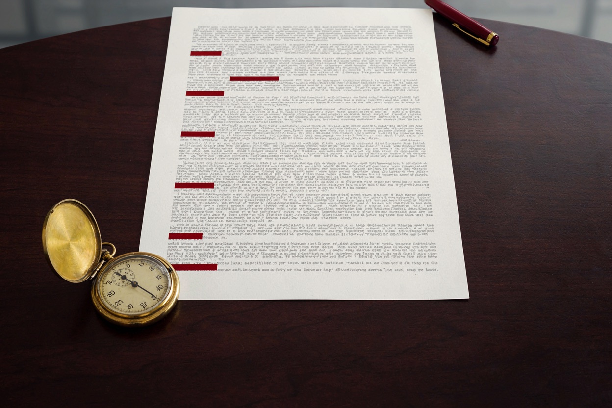 A scored governance checklist document on a boardroom table beside an open stopwatch.