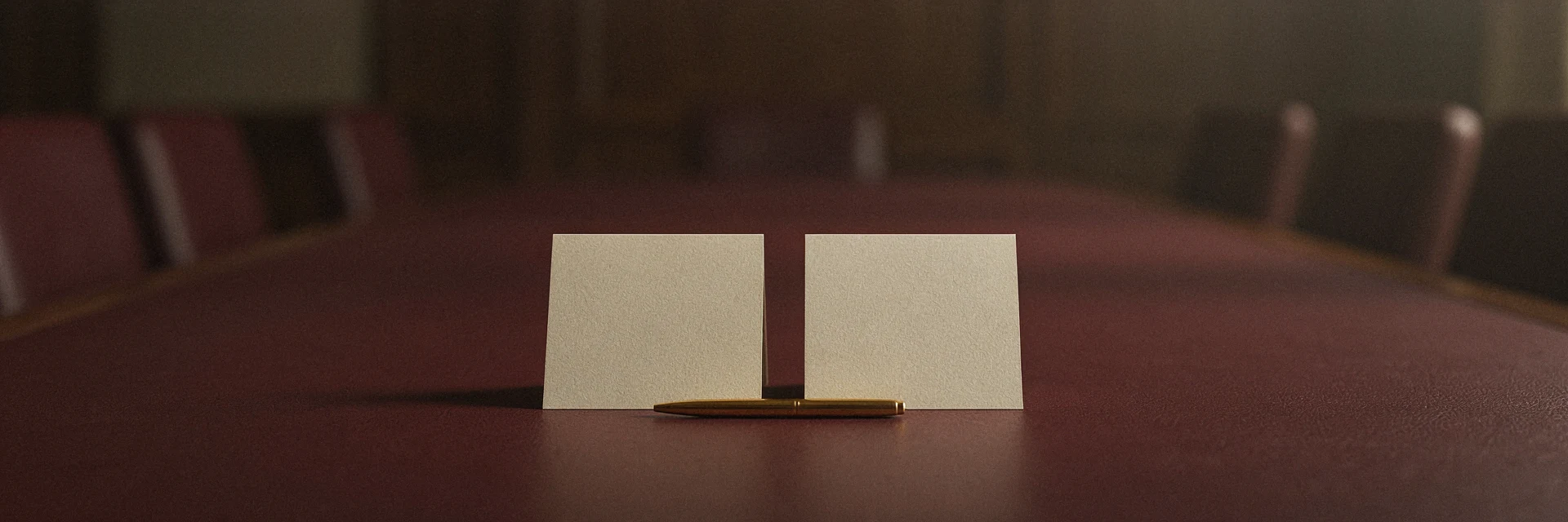 Two blank place cards and a pen on a boardroom table.